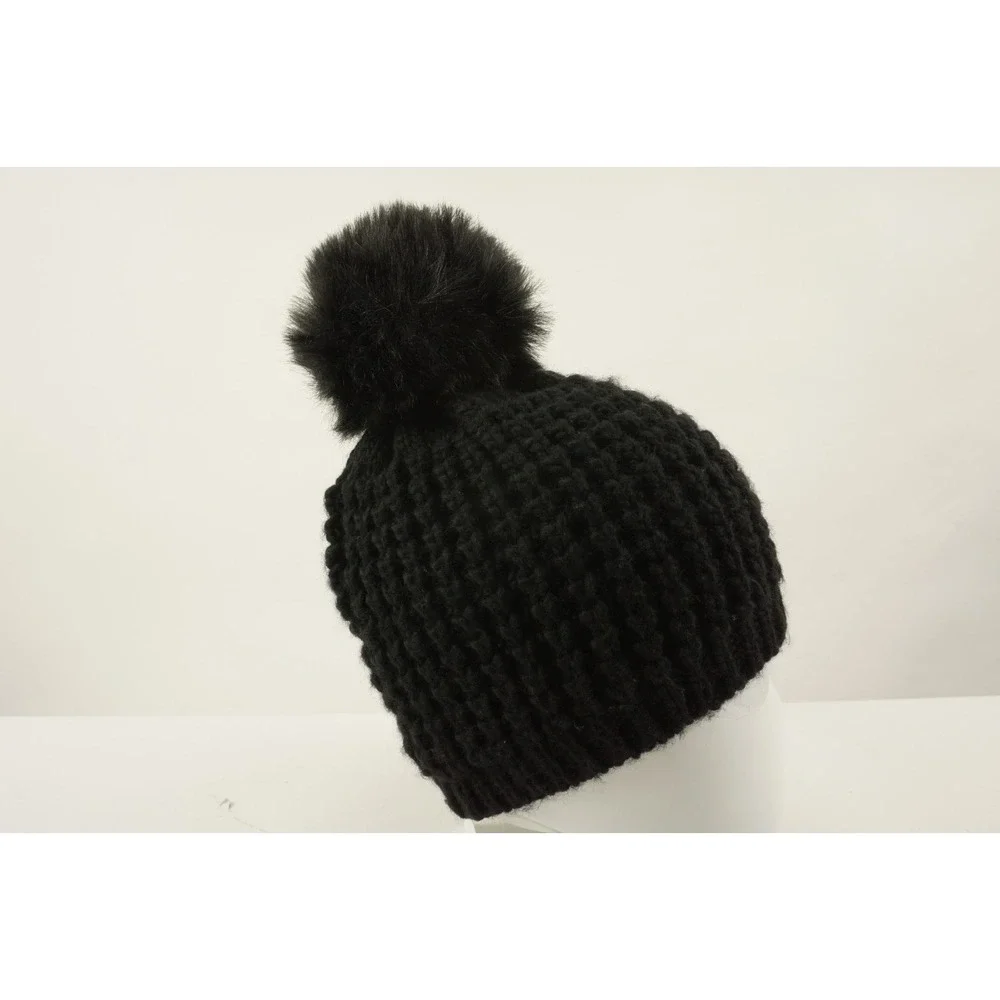New Kyi Kyi Handmade Chunky Knit Pom Pom Beanie Black Wool Blend One‎ Size